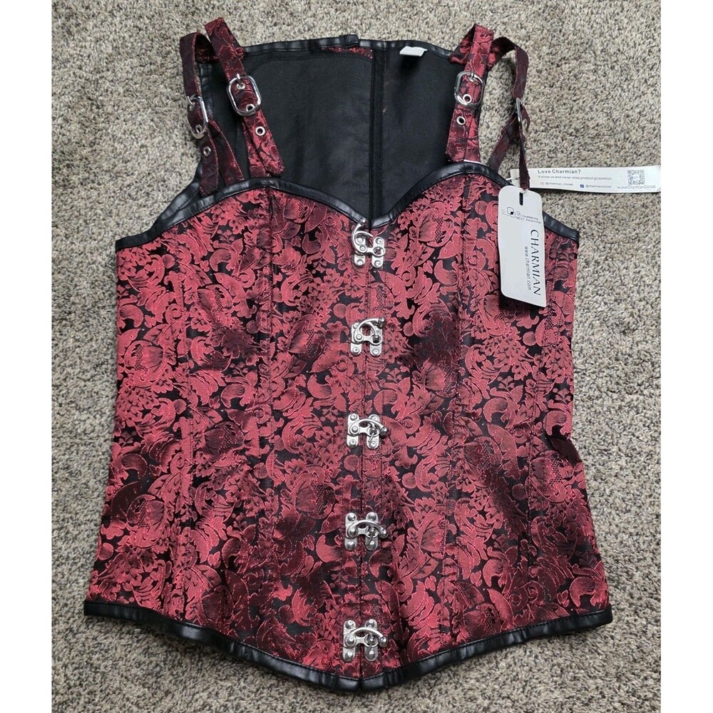 Charmian Corset Size XL Red Black Brocade Steampunk Whimsigoth Lace Up Bustier